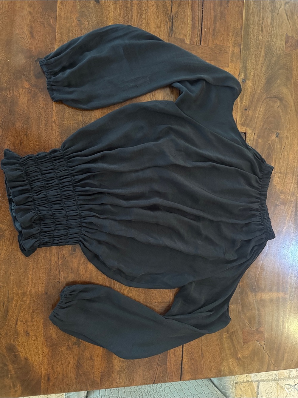 Aqua Black Long Sleeve Smocked Waist Blouse